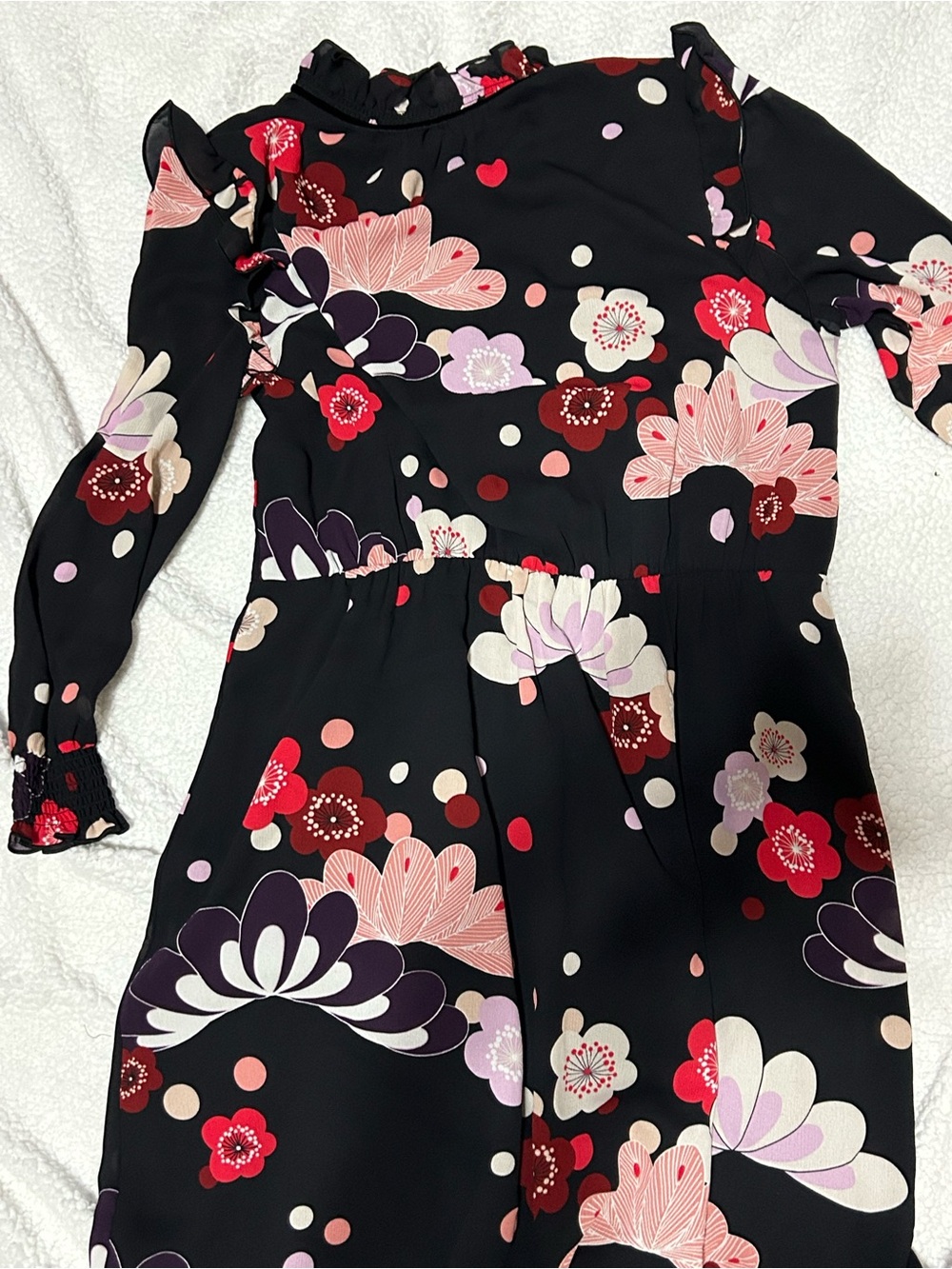 Ann Taylor Black Floral Long-Sleeve Midi Dress with Red & Pink Accents